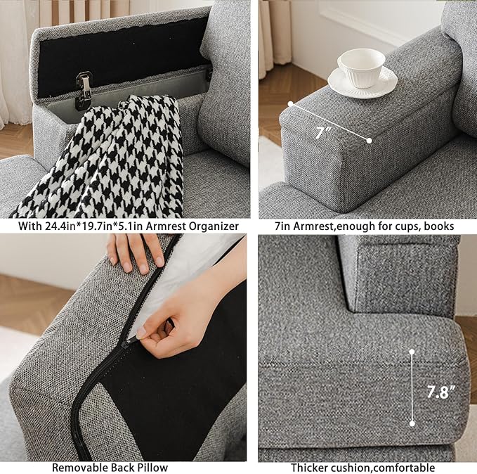 Oversized Living Room Chairs Set of 2Comfy Accent Chair with Armrest OrganizerUpholstered Linen Fabric Armchair Thick CushionBig Reading ChairSofa Chair for BedroomDark Gray