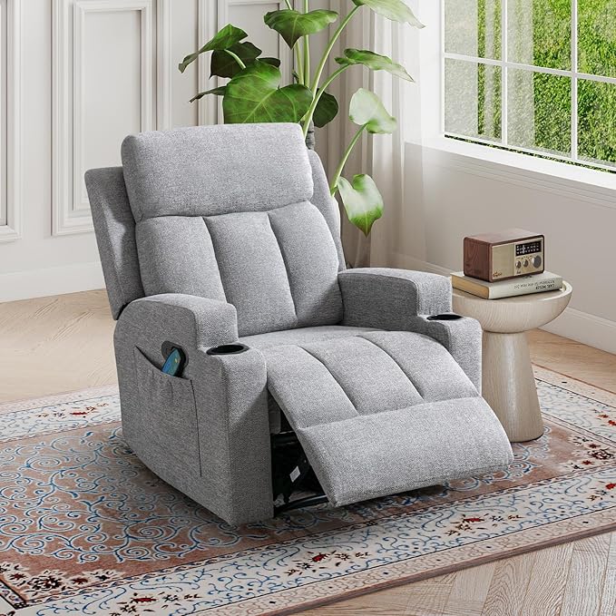 1PCS Fabric Manual Recliner Chair for Adults Comfy Reclining Chairs with Overstuffed Arm and Back Single Sofa for Living Room (1 Fabric Light Grey)