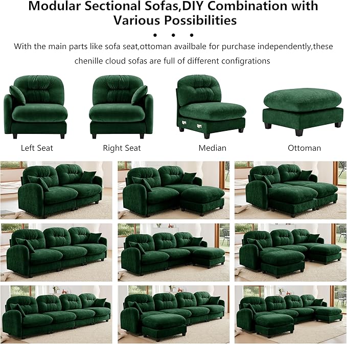 mikibama 107 Chenille Cloud Sofa 3 Seater Couch with OttomansModern Modular Sectional U-Shaped Cloud Sofas with Deep SeatU Shape Couch with Chaise Lounge Curved Arms for Living Room(Green3S+2O)