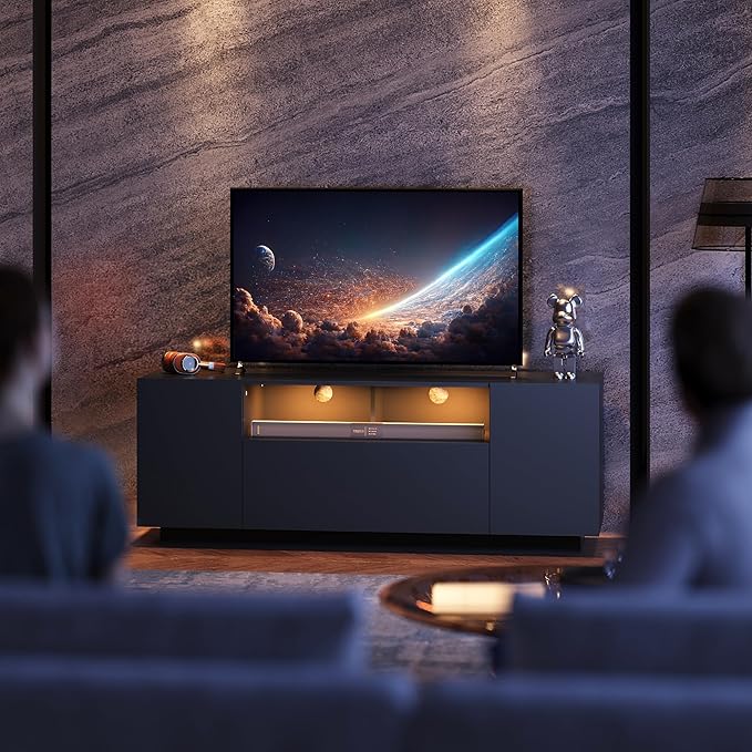 WLIVE TV Stand with LED Lights &amp Large Storage Cabinet Modern Entertainment Center for 32/43/50/55 Inchs TVs Sturdy Media Console for Living Room BedroomGaming(Black)