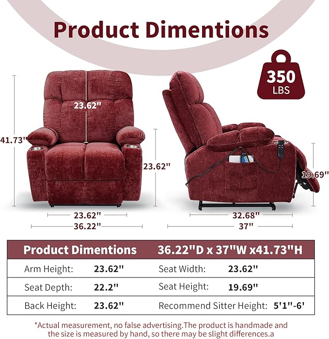 Large Power Lift Recliner Chair with Massage and Heat for Elderly Big and Tall People Dual Motor 180° Lay Flat Overstuffed Wide Velvet Lift Recliners with 2 Cup Holders Side Pocket
