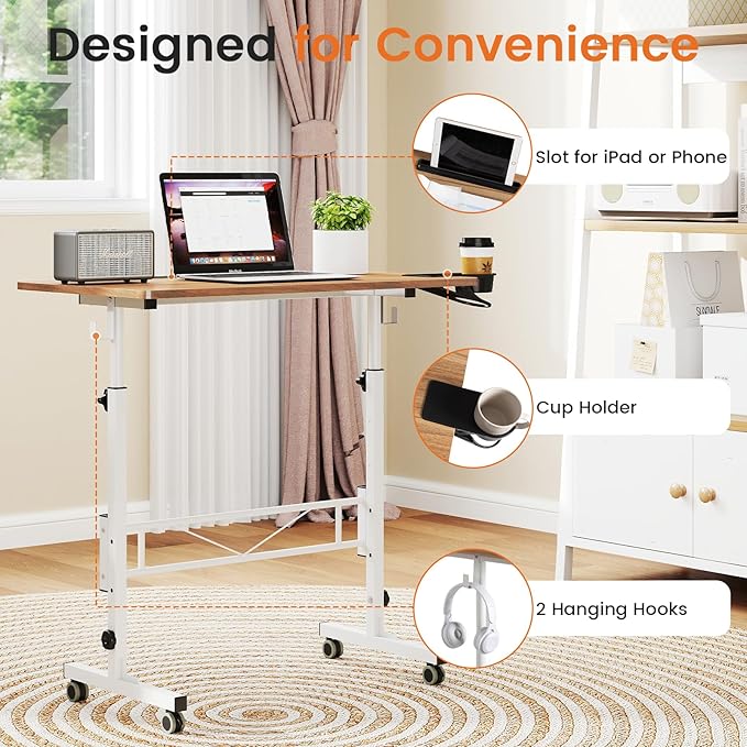 Hadulcet Portable Standing Desk Rolling Desk Adjustable Height Mobile Laptop Desk Small Stand Up Table with Wheels Walking Table for Treadmill Walking Pad Tall Computer Stand Oak