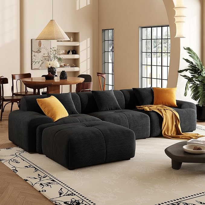 113 Modern L-Shaped Modular Sectional Sofa for Living Room Corduroy Upholstery Black 3-Seater Cloud Couchand Movable Ottoman – No Assembly Black