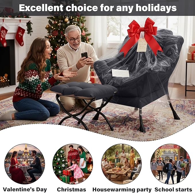 Lazy Chair and Ottoman Black Velvet Large Accent Chair with a Side Pocket Modern Leisure Upholstered Sofa Reading Armchair with Footrest for Office Bedroom Living Room Dorm Rooms Balcony
