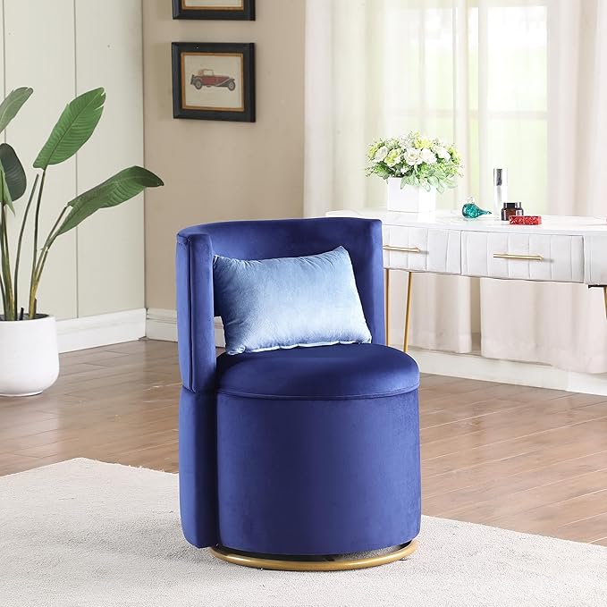 Generic 360° Swivel Accent Chair with Storage Function Velvet Curved Chair with Gold Metal Base for Living Room Nursery Bedroom Blue