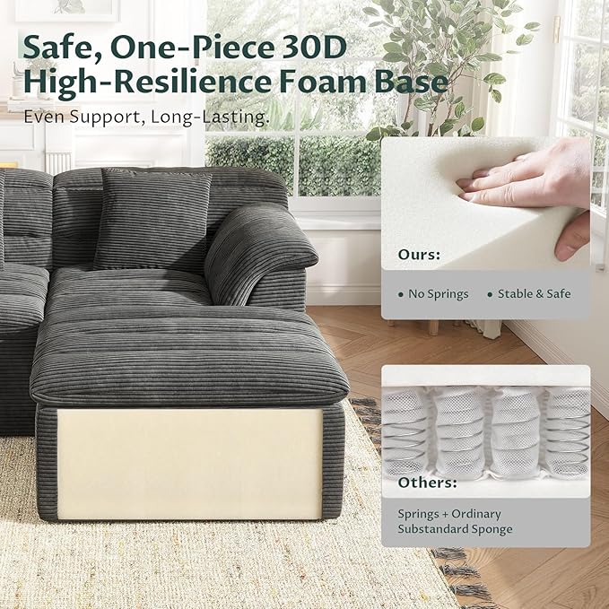 112 Modular Cloud Sectional Couch with Ottoman Modern Upholstered Compressed Sofa with Deep Seat Comfy L-Shape Corduroy Couches for Living Room No Assembly Required Dark Gray