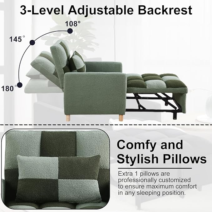 3-in-1 Sleeper Chair Bed for Living RoomConvertible Pull Out Chair Bed with Adjustable BackrestMulti-Functional Sofa Bed for Living Room (Green)
