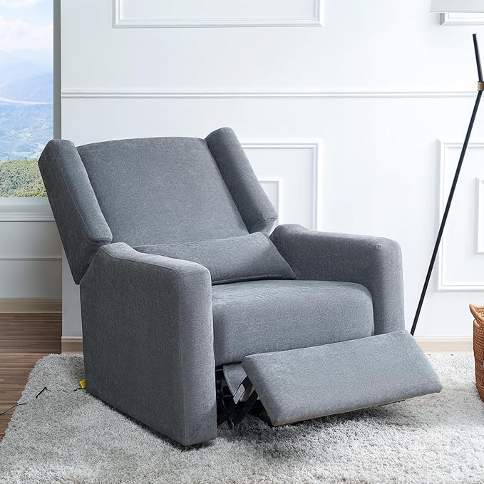 Naomi Home Tanya Luxury Motion Recliner Chair Gray – Plush Upholstered Glider Rocker with USB Charging Swivel and Lumbar Support for Nursery Comfort 275 lbs Capacity