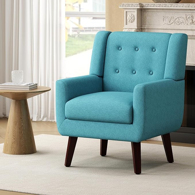 Linen Fabric Living Room Chairs Accent Chair Mid Century Modern Armchair for Living Room Bedroom Button Tufted Upholstered Comfy Reading SofasVanity Chair (1 Lake Blue)