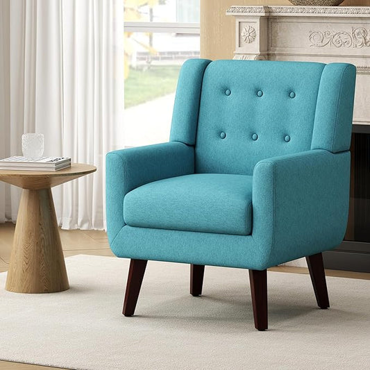 Linen Fabric Living Room Chairs Accent Chair Mid Century Modern Armchair for Living Room Bedroom Button Tufted Upholstered Comfy Reading SofasVanity Chair (1 Lake Blue)