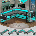 SEDETA L Shaped Gaming Desk Convertible 96 Home Office Desk or Corner Desk L Shaped Table with Power Outlets &amp LED Strip Monitor Stand Keyboard Tray Pegboard and Storage Shelves Grey