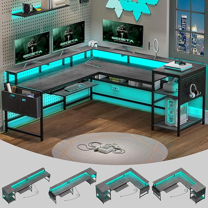 SEDETA L Shaped Gaming Desk Convertible 96 Home Office Desk or Corner Desk L Shaped Table with Power Outlets &amp LED Strip Monitor Stand Keyboard Tray Pegboard and Storage Shelves Grey