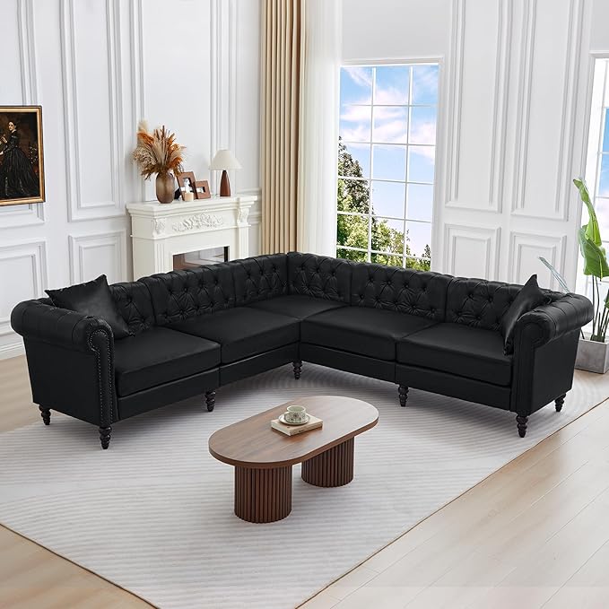 AVZEAR Chesterfield Modular Sectional Sofa Comfy Leather PU Couch Sectional with 2 Pillows Modern Upholstered Couches Living Room Furniture Sets for Living Room Bedroom and Apartment Black