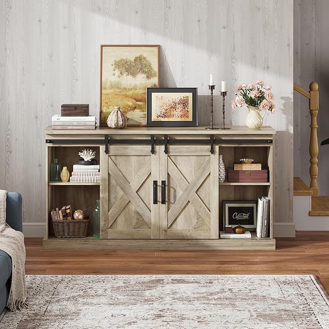 WLIVE Farmhouse TV Stand for TVs up to 65 Modern Media TV Console with Sliding X-Shaped Barn Doors Entertainment Center with Storage Cabinets for Living Room Grey Oak