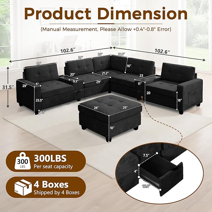 103'' Modular Sectional Sofa couch with 2 Acrylic Consoles Oversized U Shaped Couch Set with USB Charger Storage DrawersPockets and Movable Ottoman Chenille Sectional Couches for Living RoomBlack