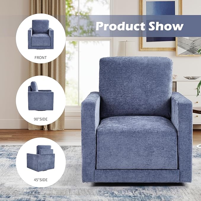 INZOY Swivel Accent Chair with Hidden Storage Comfy 360° Swivel Chair Upholstered Chenille Square Chair for Living Room Bedroom Small Spaces Fully Assembled Blue