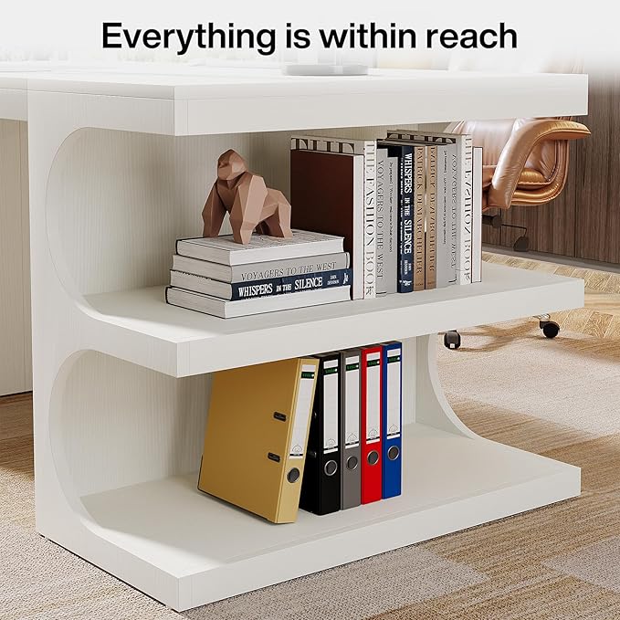 Tribesigns Modern Executive Office Desk 63-Inch Large Computer Home Office Desk with Storage Shelves Wood Study Writing Table Workstation Business Furniture White