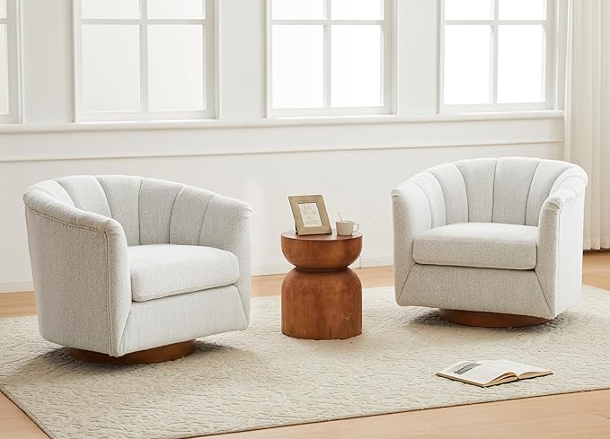 SITJOY Swivel Accent Chair Mid Century Modern Barrel Armchair with Solid Ash Wood Base Upholstered Chair for Living Room Bedroom Fabric in Ivory Set of 2