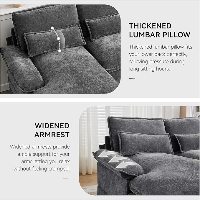 125 U Shaped Cloud Modular Sectional Couch for Living Room Small Comfy Chenille Sofa with Double Chaise Lounge Storage Central Console Cup Holders USB PortGrey