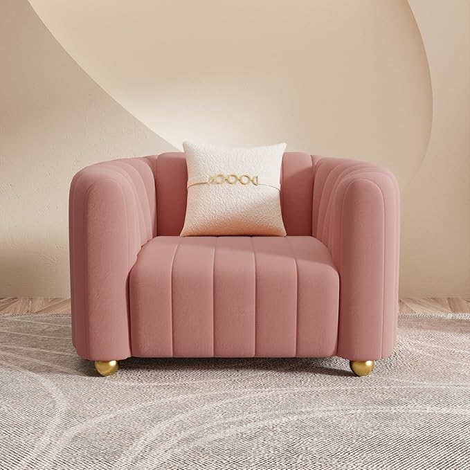 Modern Pink Velvet Sofa Chair for Living Room 42 Single Sofa with Gold Metal Sphere Legs (Pink 1S)