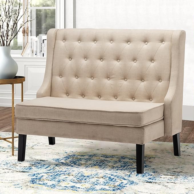 Tongli 46 Small Modern Loveseat Settee Sofa Linen Fabric 2-Seat Sofa Couch Tufted Love Seat Dining Bench with Back Upholstered Banquette Sofas for Living Room Bedroom Small Space Entryway Beige