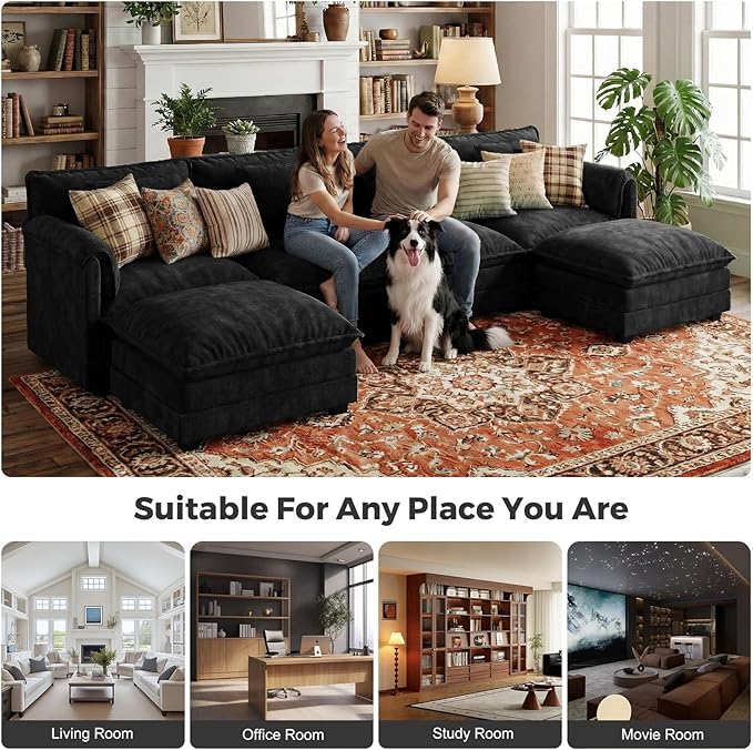 ELUCHANG Oversized 150 Modular Sectional Sofa Comfy Cloud Couch U Shaped Deep Seat Sofa Couches for Living Room 7-Seater Modern Sofa with Movable Ottoman DIY Combination - Chenille Black | Easy t