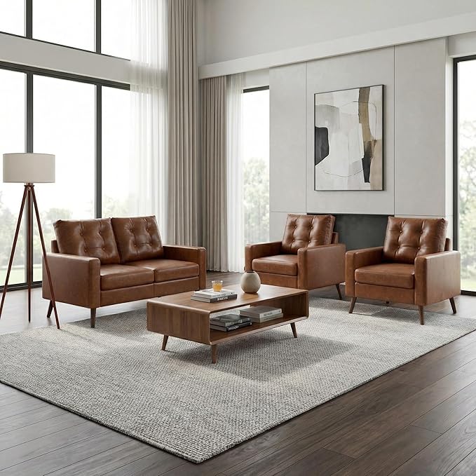 Wahson Accent Chairs Set of 2 Faux Leather Tufted Single Sofa Brown Oversized Club Chair Mid Century Modern Armchair with Wood Legs for Reading/Living Room/Bedroom