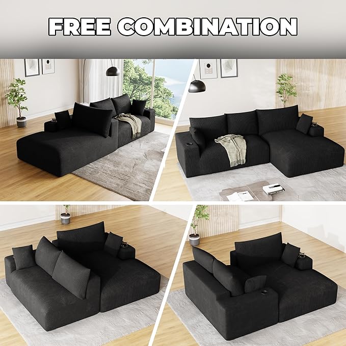 113 Modular Sectional Sofa Cloud Couch Modern Deep Seat Fluffy Corduroy Boneless Couch with Cup Holder Comfy L Shaped Sectional Couches for Living Room Bedroom. (Right Facing Black)
