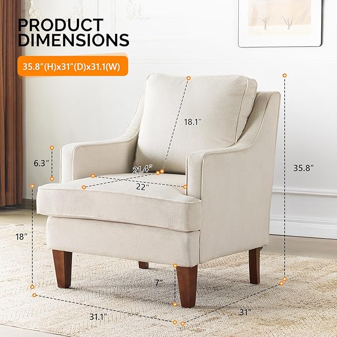 VINGLI Mid-Century Accent Chairs Beige Upholstered Armchair Comfy Sofa Chair Reading Chair High Back Living Room Bedroom Furniture for Apartment