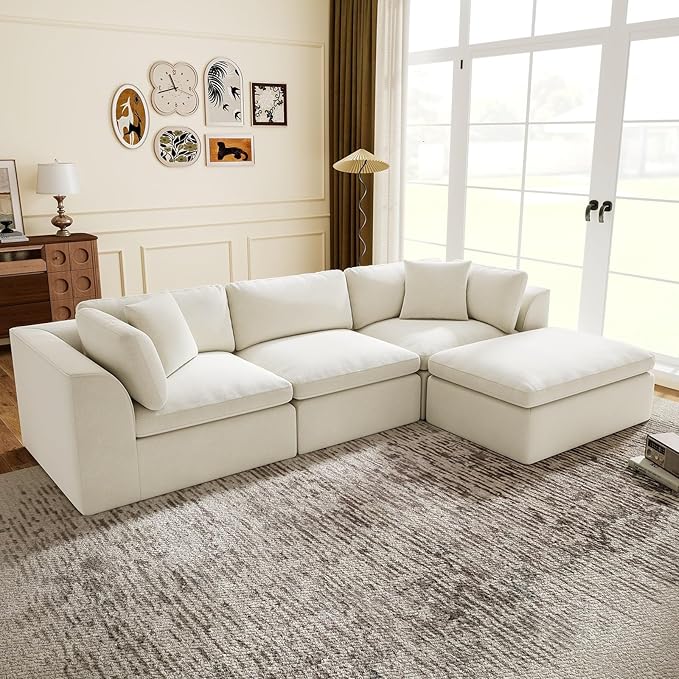 4 Seater Modular Sectional CouchModern L Shaped Boneless Sectional Sofa with OttomanChenille Cloud Couches for ApartmentBeige
