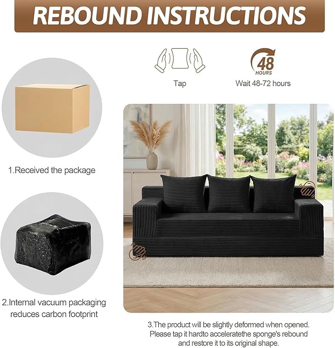 78 Convertible Sofa Bed Foldable Floor Couch Futon SofaHigh-Density Sponge Boneless Couch 3 Seater Sleeper Couch with 3 Pillows for Living Room Bedroom Lounge (Black)