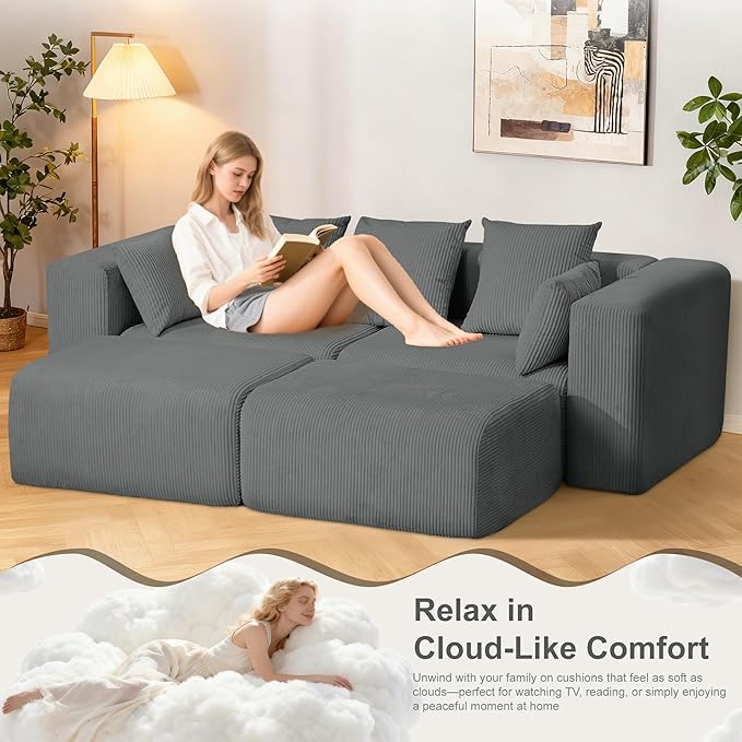 Redlife 117” Modular Sectional Sofa with Ottoman L Shaped Modular Couch Large Sectional Couches Corduroy Combination Sofas for Living Room Apartment Bedroom No Assembly Required Gray