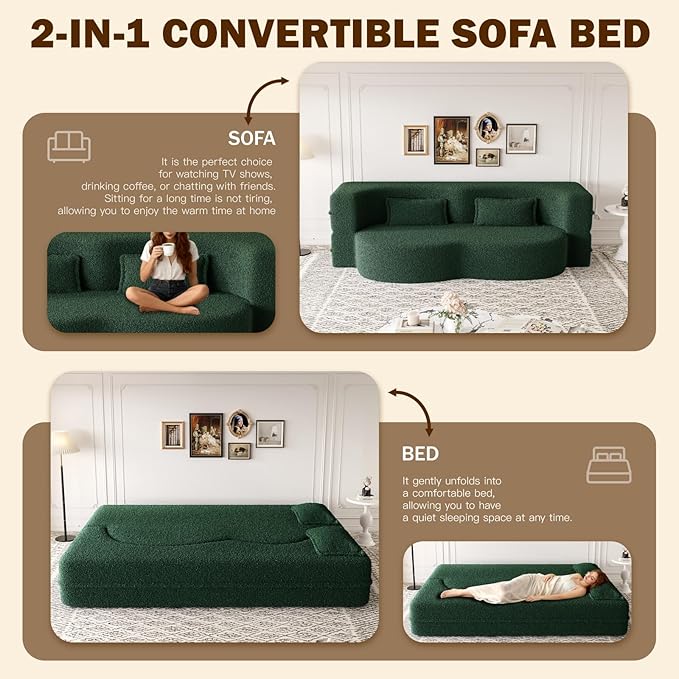 Newfun 78 Convertible Sofa Bed 2 in 1 Folding Couch Bed Futon Sofa Bed with Two Pillows Loveseat Sofa for Living Room Bedroom Lounge Compressed Modern Sofa No Assembly Required (Green)