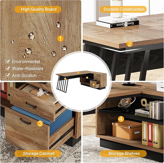 Tribesigns 71-Inch Executive Desk L-Shaped Desk with Cabinet Large Office Desk with Drawers and Storage Shelves Writing Table Computer Desk for Home Office Oak and Black