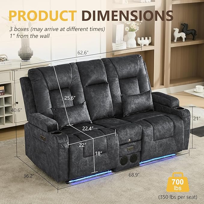 URRED Power Loveseat Recliner Sofa with Flipped Backrest Console Wall Hugger RV Reclining Loveseat Sofa Couch with LED Light/Bluetooth Speakers/USB/Outlets/Cup Holders/Pillow/Side Pocket Grey