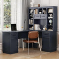 Multi-Function Wood Home Office Computer Desk with Storage Cabinets and Bookcases L-Shaped Executive Desk Writing Desk Study Workstation for Office Study Room (Antique Blue-L)