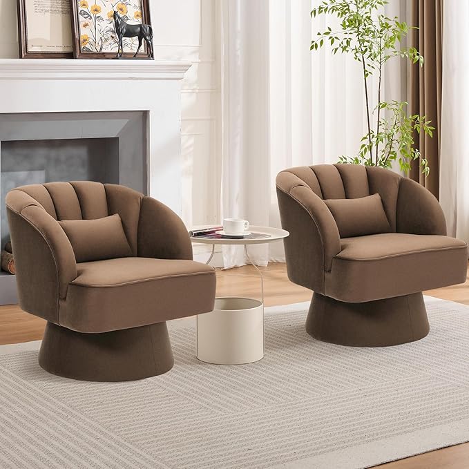 Swivel Accent Chair with Armrest Modern 360 Degree Swivel Round Lounge Chair with Curve Back and Cushion Comfy Upholstered Armchair Single Sofa for Living Room Bedroom Reading Room Brown 2PCS