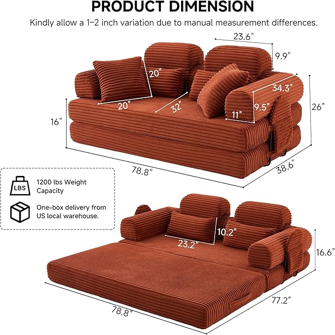 79 Sofa Bed Deep Seat 32 Sleeper Sofa 5-in-1 Convertible Sofa Bed Boneless Couch in a Box Corduroy Floor Futon with Thickened backrest and Headrest Pillows Side Pockets Orange | 32 Deep Seat