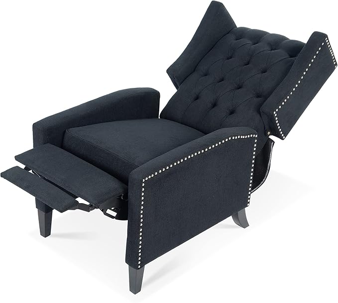 Pushback ReclinerComfortable Wingback Recliner Sofa Chair with Adjustable Backrest Tufted Fabric Upholstered ArmchairRetro Rivets Decorated Recliner for Living Room Bedroom Office Home(Black)