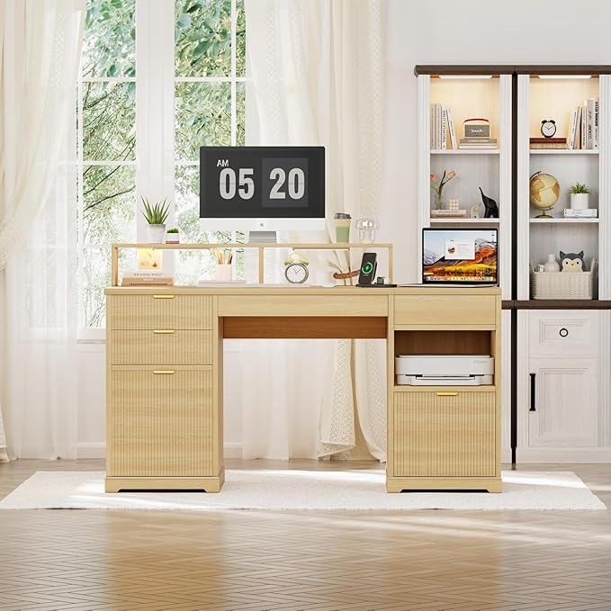 Fluted Desk with Drawers 63 Home Office Executive Desk with Lift Top Filing Cabinet Gaming Desk Charging Station Sensor Lights Computer Table with Monitor Stand Natural Wood
