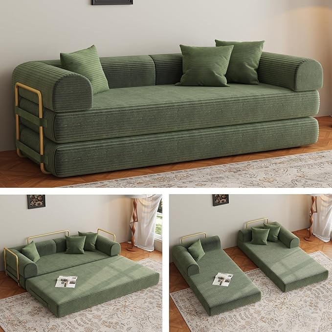 Compression Sofa 75 inch Convertible Floor Sofa Bed 2-in-1 Foldable Frameless Sofa Memory Foam Mattress Corduroy Fabric Pulls Out Couch Suitable for Living Rooms 、Apartments Green (2 Pillows)