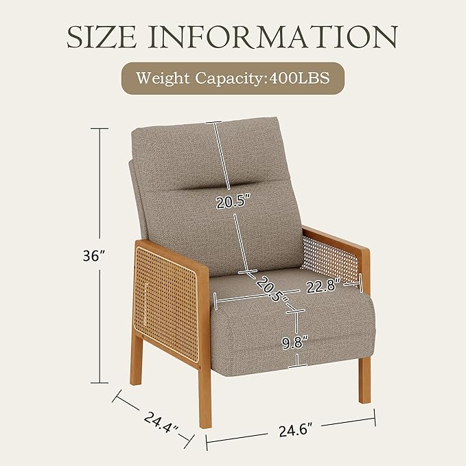 Mid Century Accent Chair Set of 2 Wooden Leisure Armchair with Rattan Armrest Boho Comfy Reading Chair for Living Room Bedroom Lounge Side Club Chair