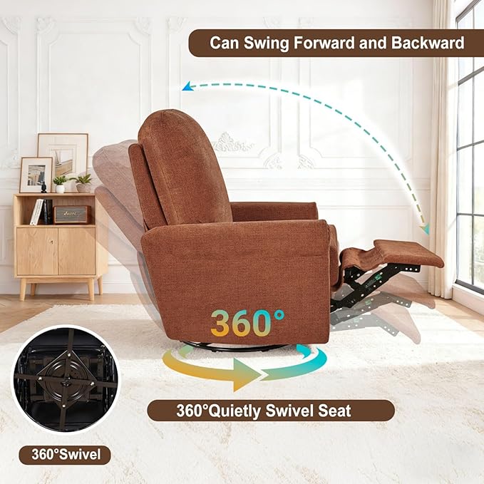 360° Swivel Rocker Recliner Chair with Upholstered Backrest Small Rocking Recliner for Small Spaces Chenille Fabric Glider Recliner Nursery Chair (Chenille-Red One Chair)