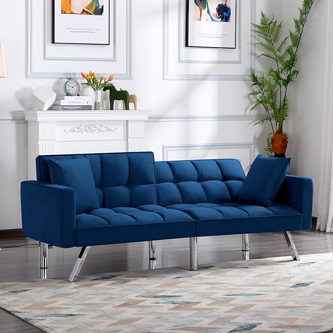 74 Futon Sofa BedConvertible Sleeper Couch with Adjustable Backrest and Pillows Comfy Velvet Cloud Sofa LoveseatModern Loveseat for Living Room and Bedroom（Navy Blue）