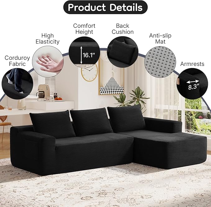 97 L Shaped Boneless Couches fo Living Room Modular Sectional Sofa Black Corduroy Compression Couches for Small Spaces No Assembly Required (Right Facing Chaise)