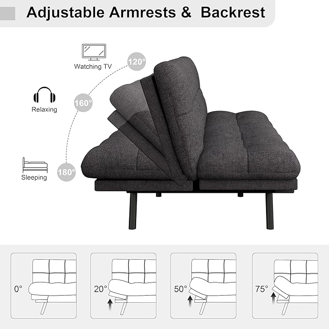 MUUEGM Futon Sofa Bed 71 Comfortable Memory Foam Futon Sofa with Adjustable Backrest &amp Armrests Convertible Loveseat Recliner Sleeper Sofa Bed for Compact Living Room Apartment Office Grey