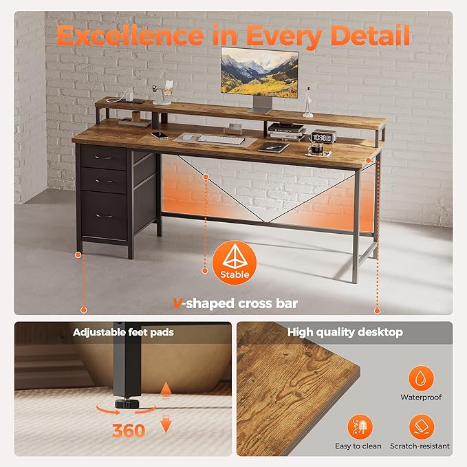 Mericonia Computer Desk 63 inch with Power Outlets &amp LED Lights Gaming Desk with 3 Drawers for Home Office Small Desk with Monitor Stand for Small Spaces Study Writing Desk