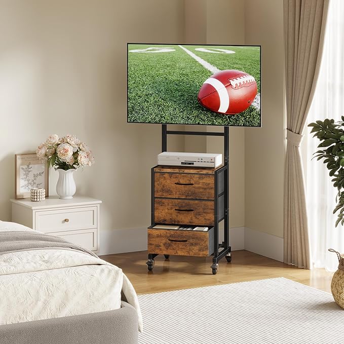 GYIIYUO Rolling TV Stand with 3 Storage Fabric Drawers/Mount/Wheels Small Mobile TV Stand for 32-55 inch TVs Corner TV Cart for BedroomOfficeLiving Room(Rustic Brown)