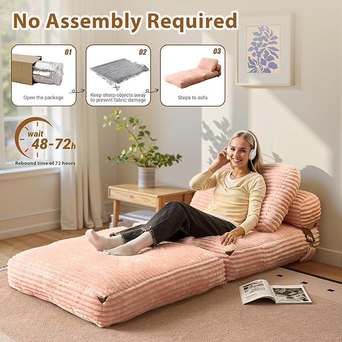 75'' Foldable Sofa Bed Convertible Sleeper Sofa with Pillow Boneless Corduroy Foldable Couch Bed Single Sleeper Chair for Small Spaces Living Room Bedroom StudioPink