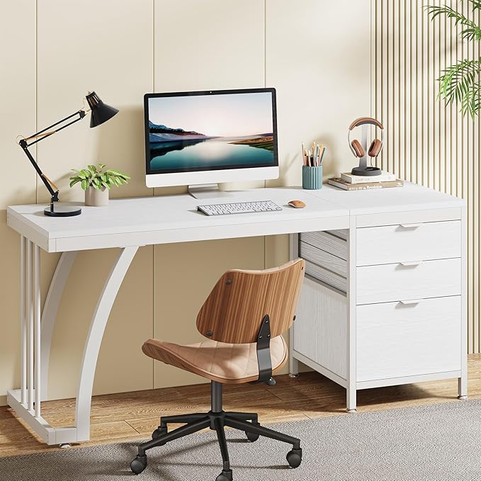 Tribesigns Computer Desk with 3 Drawers 59-Inch PC Desk with Reversible Drawers Industrial Study Writing Table Workstation with File Storage for Home Office White